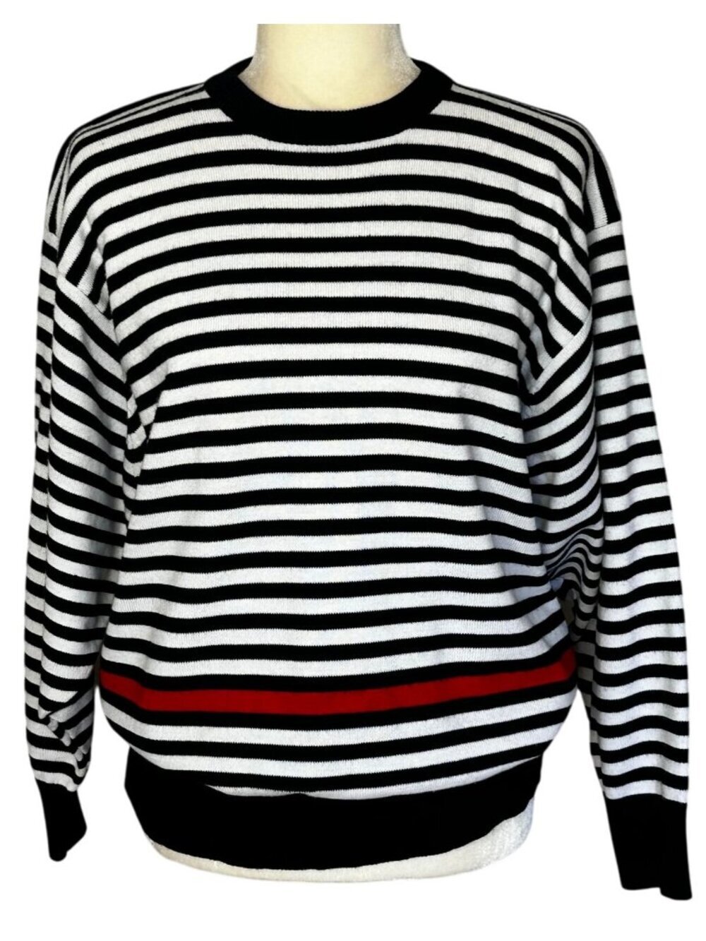 Vintage 80s Dolman Sleeve Sweater Black White Stripe Oversized Large Acrylic